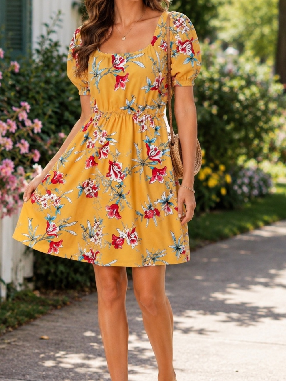 Three Pink Hearts Mustard Floral Puff Sleeve Dress XL | Like New